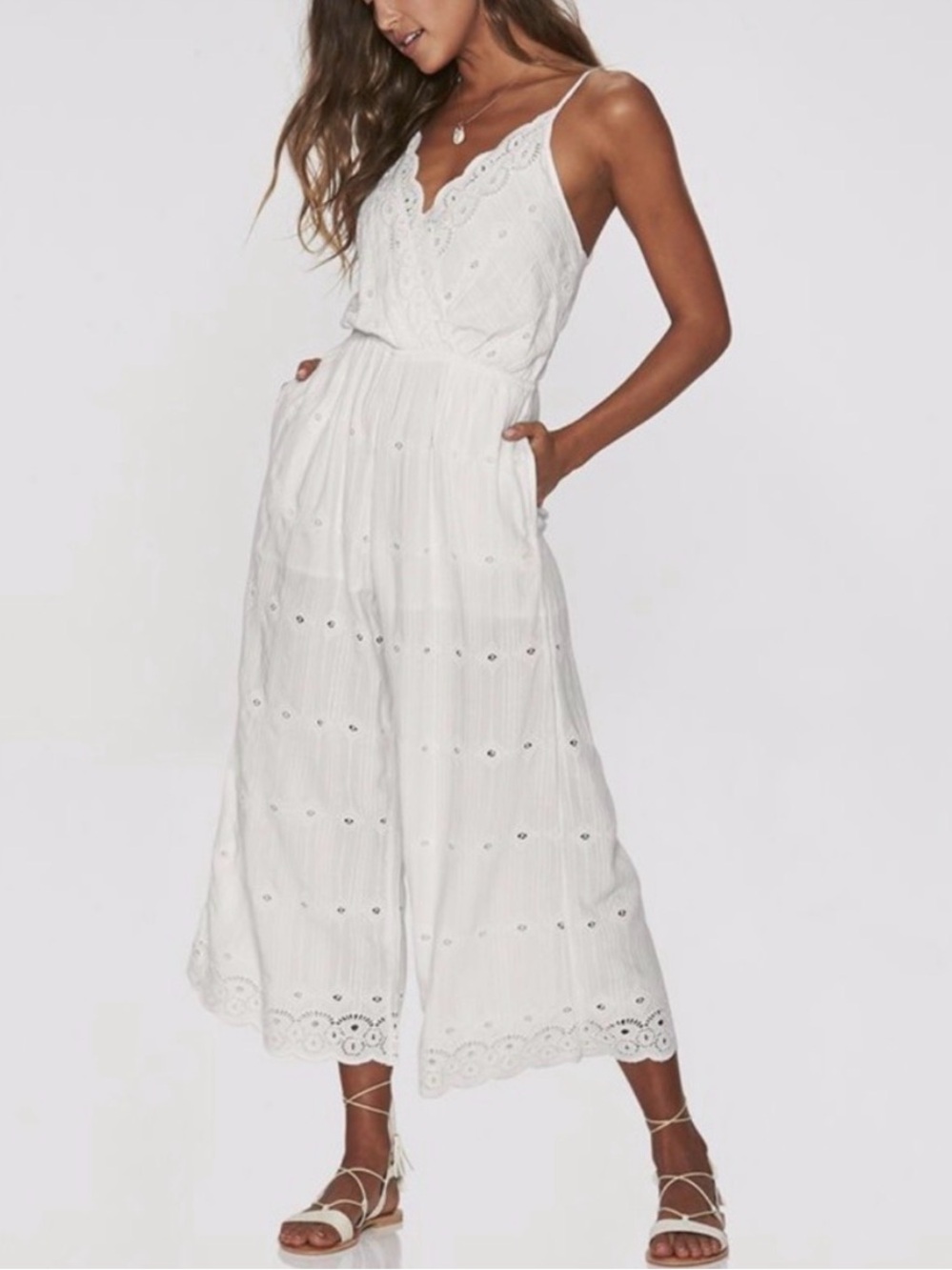 l*space White Eyelet Lace-Trim Wide-Leg Jumpsuit